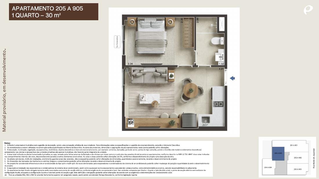 Planta de apartamento de 1 quarto de 30 m² do Barão de Jaguaripe 289, em Ipanema
