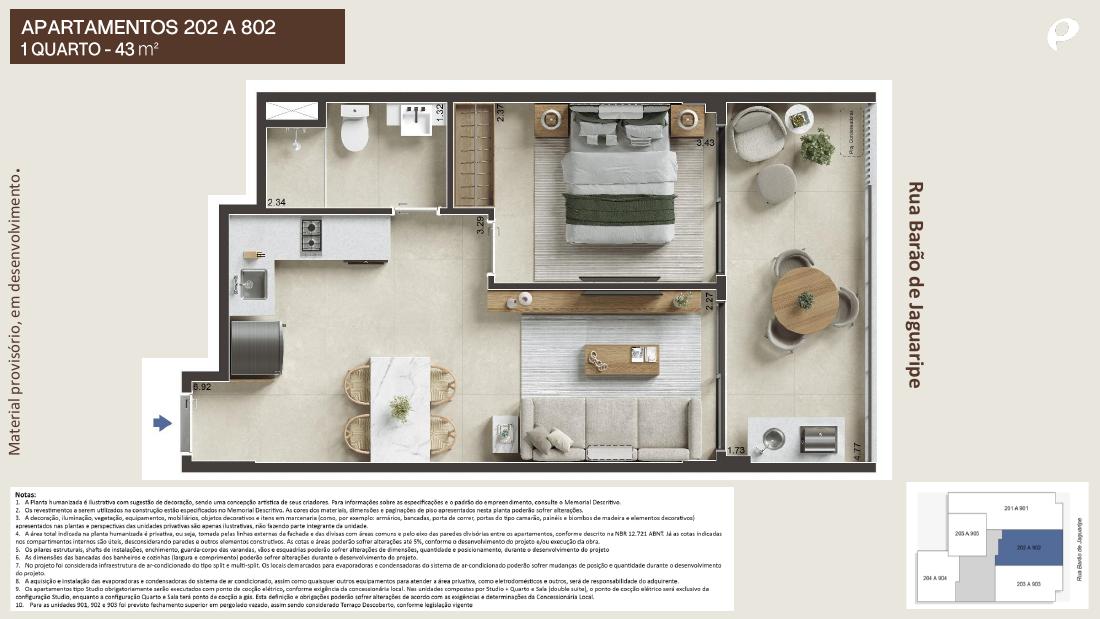 Planta de apartamento de 1 quarto de 43 m² do Barão de Jaguaripe 289, em Ipanema